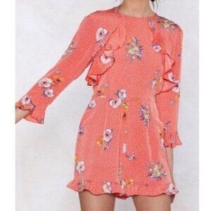 Nasty Gal Floral Open Back Ruffle Playsuit Coral